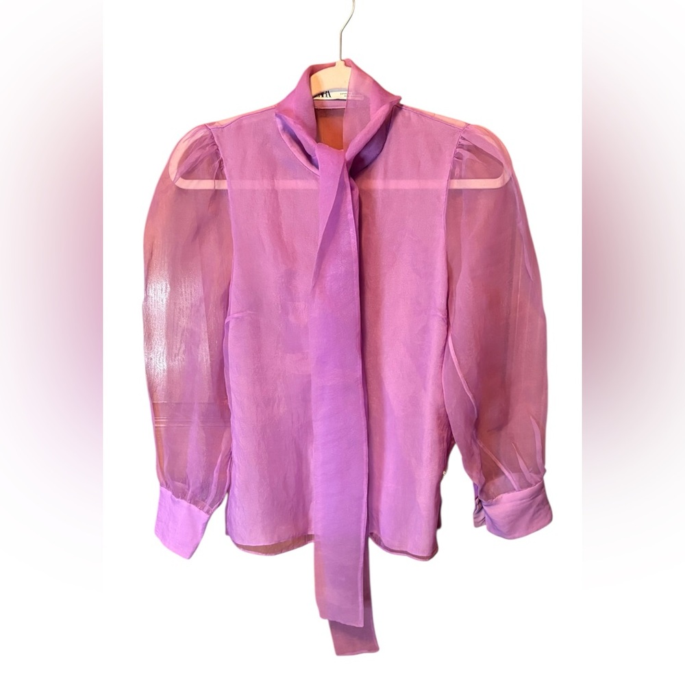 Zara Lavender Sheer Bow Tie Blouse - Picture 7 of 9
